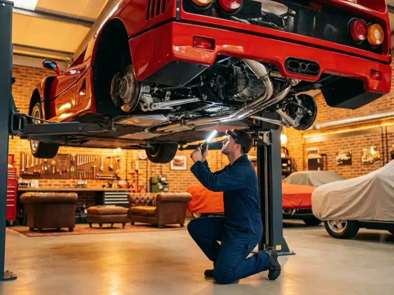 APK-keuringsmedewerker onderzoekt onderstel van rode Ferrari op hydraulische brug in luxe garage werkplaats