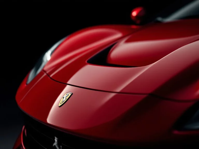 Ferrari sportwagen close-up met iconisch springend paard logo, rode lak en aerodynamische lijnen in dramatische verlichting