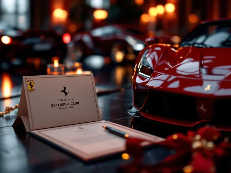 Rode Ferrari sportwagen met exclusieve clublidmaatschap documenten in luxe setting met gouden accenten