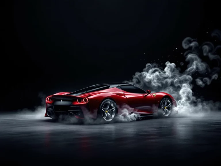 Rode Ferrari sportwagen met witte CO2-uitstoot wolken tegen donkere achtergrond met groene accenten