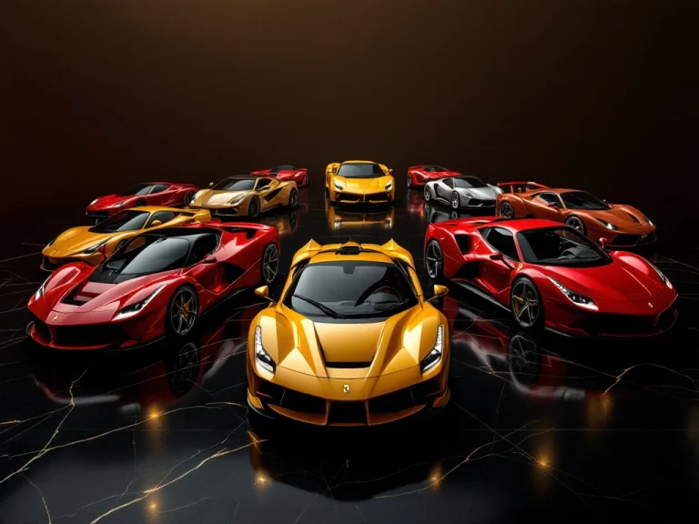 Drie Ferrari sportwagens in rood, geel en zilver op zwart marmer met dramatische studiobelichting