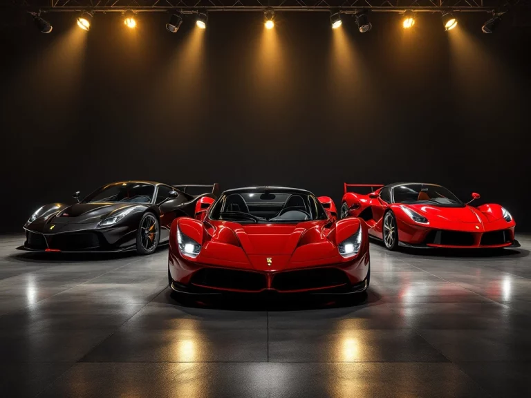 Drie iconische Ferrari's in luxe showroom: rode 250 GTO, zwarte F40 en moderne LaFerrari onder dramatische verlichting