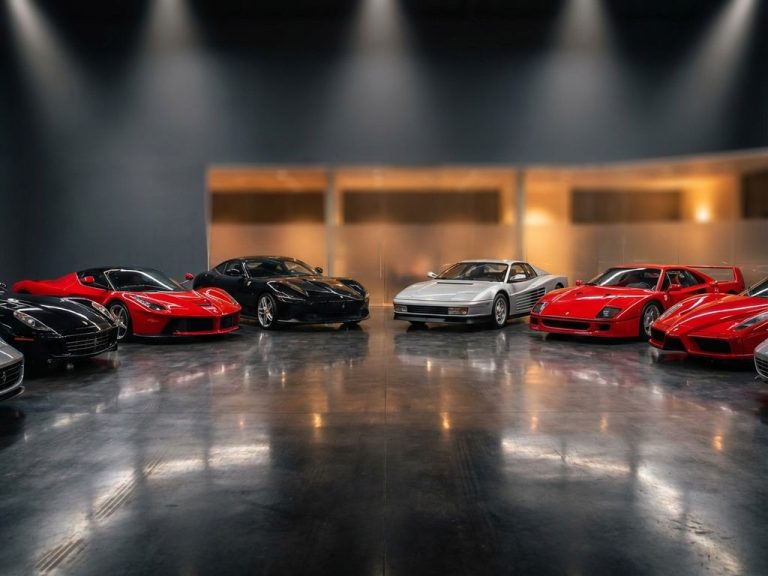 Meerdere Ferrari sportwagens en supercars in rood, zwart en zilver opgesteld in elegante bocht op glanzende showroomvloer