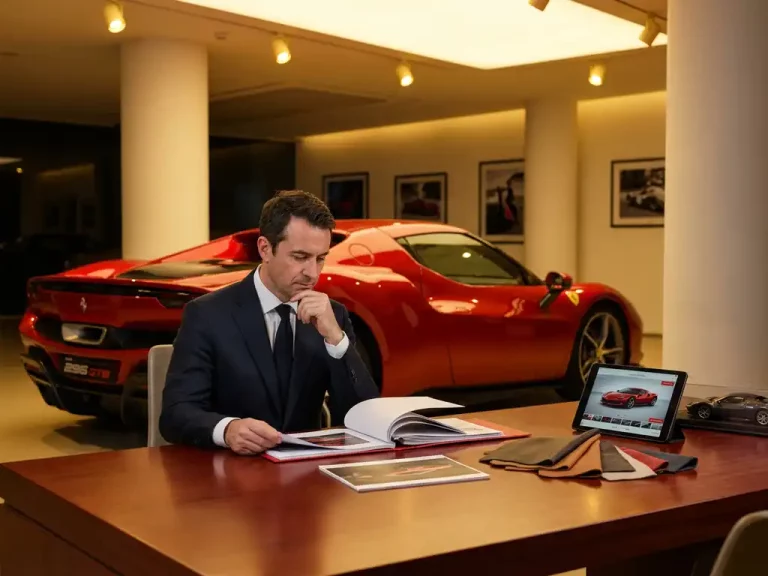 Rode Ferrari 296 GTB in luxe showroom met zakenman die documenten bestudeert aan mahoniehout bureau