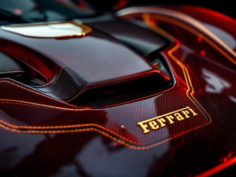 Ferrari close-up met parelmoer metallic lak, handgestikt leer en carbon fiber details in burgundy en goud tinten