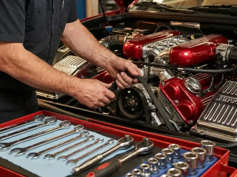 Monteur verwijdert zwarte distributieriem van rode Ferrari motor met chromen gereedschap op werkbank