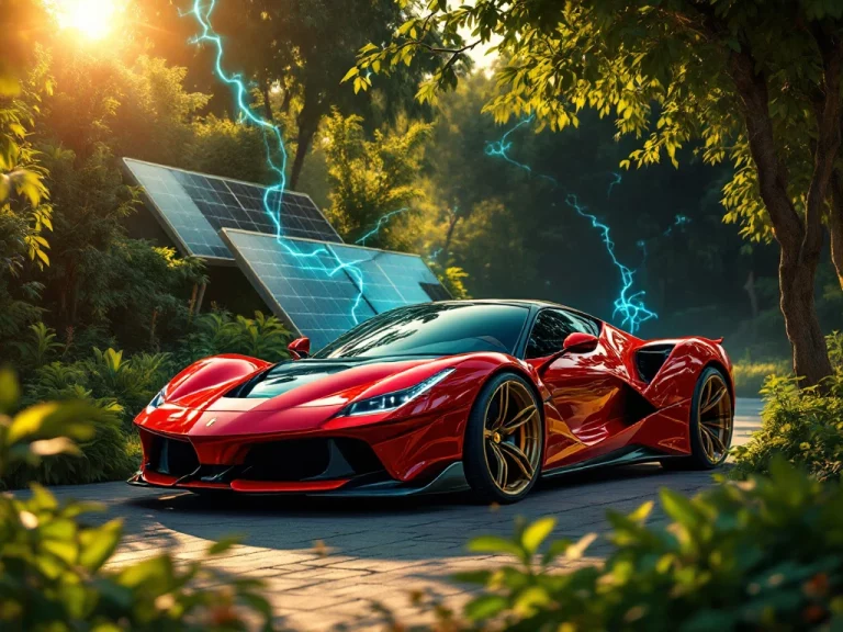 Rode Ferrari sportwagen met traditionele en futuristische elektrische componenten tegen groene achtergrond met zonnepanelen