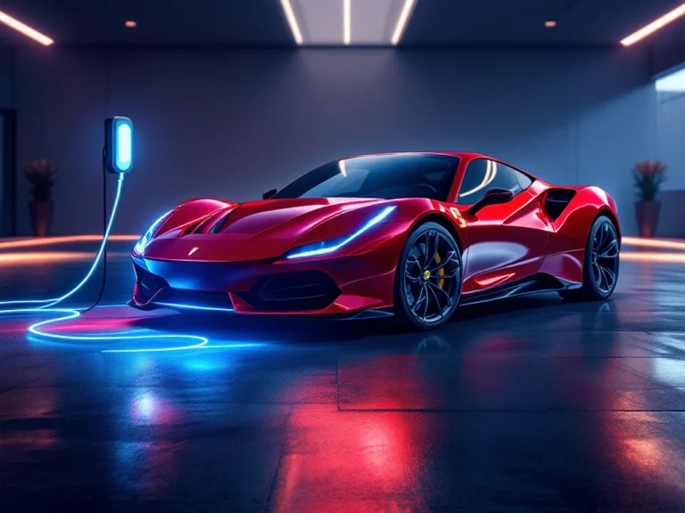 Rode Ferrari sportwagen wordt opgeladen met elektrische kabel in moderne garage met blauwe LED-verlichting