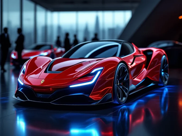 Rode Ferrari hybrid supercar met blauwe elektrische accenten in luxe showroom met dramatische verlichting