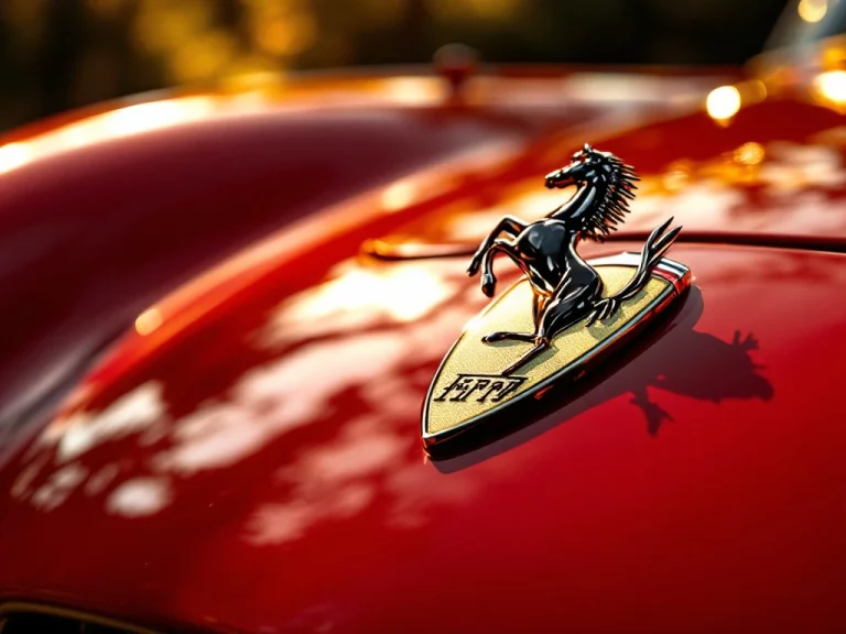 Ferrari embleem met springend paard logo op rode carrosserie in gouden zonlicht met dramatische schaduwen