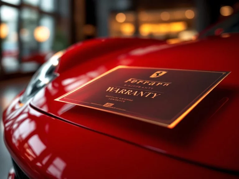 Ferrari-embleem op rode motorkap met garantiecertificaat in luxe autodealer showroom