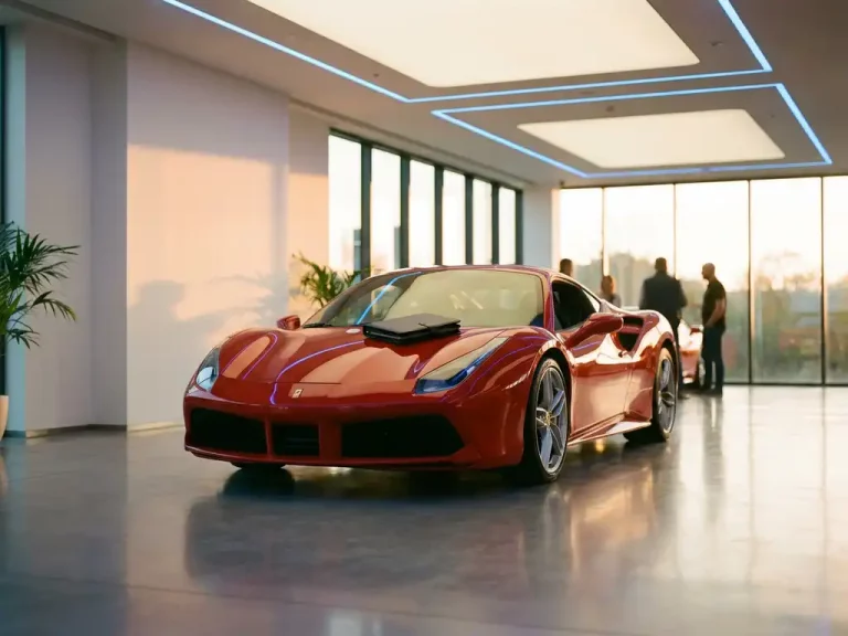 Rode Ferrari 488 GTB in moderne showroom met zwart leren portfolio op motorkap, natuurlijk licht door grote ramen