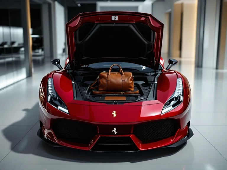 Rode Ferrari sportwagen met open frunk waarin luxe lederen weekendtas, gefotografeerd in witte showroom