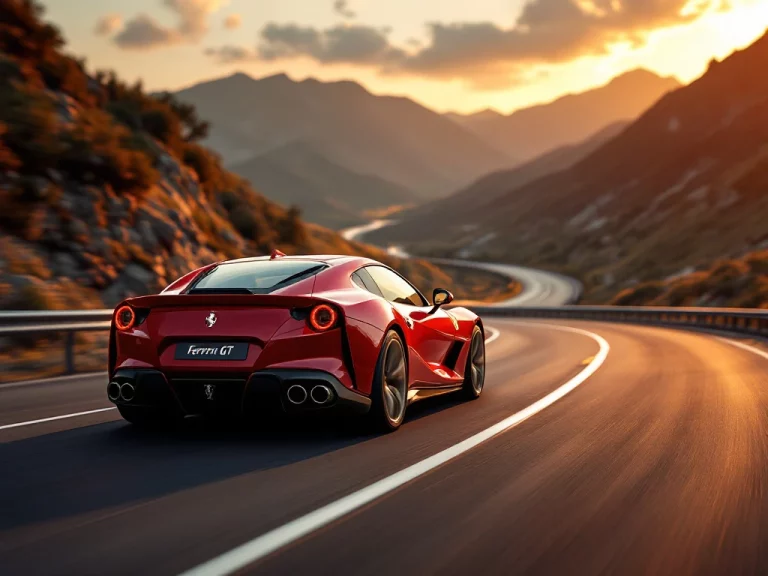 Rode Ferrari GT sportwagen op Europese bergweg tijdens gouden uur, luxe interieur zichtbaar door getinte ramen