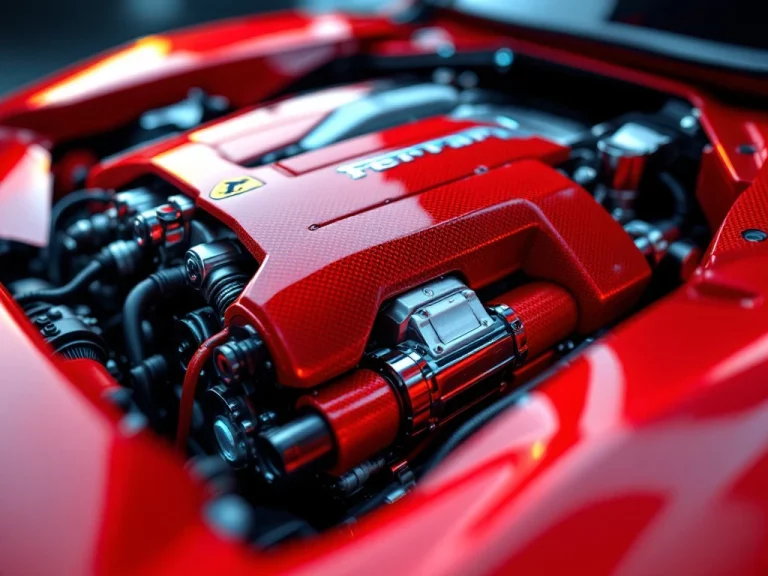 Ferrari hybride motor met rode koolstofvezel onderdelen en elektrische elementen in dramatische verlichting