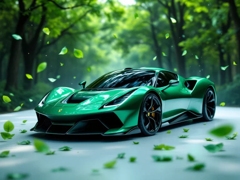 Groene metallic Ferrari hybride supercar op witte ondergrond met zwevende bladeren en studio verlichting