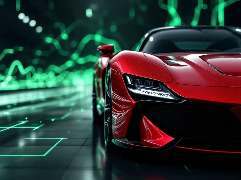 Rode Ferrari hybride supercar in close-up met LED-koplampen en aerodynamische lijnen tegen groene energie achtergrond