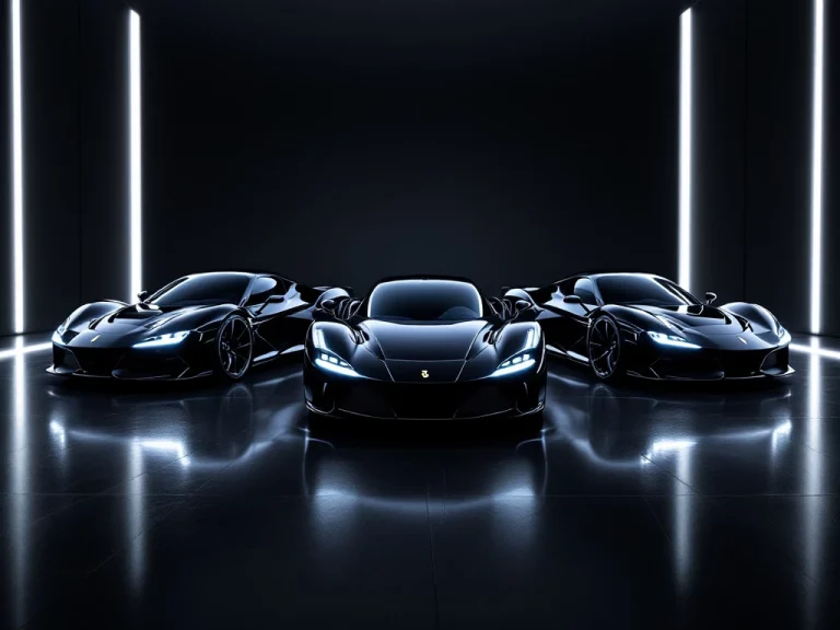 Drie Ferrari hybride supercars in driehoekformatie op zwarte ondergrond met dramatische studiobelichting