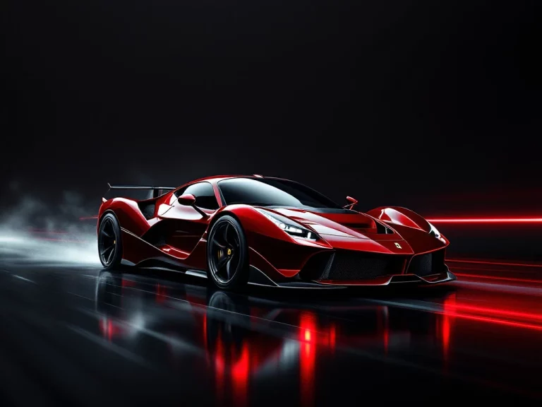 Rode Ferrari hypercar in dynamische hoek op zwarte ondergrond met bewegingsonscherpte en dramatische studiobelichting