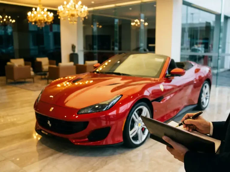 Rode Ferrari sportwagen in luxe showroom met leasedocumenten op motorkap, handen met pen zichtbaar