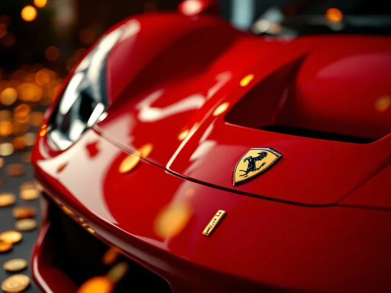 Rode Ferrari vooraanzicht met paardembleem, carbon fiber details en chromen accenten onder studiolicht