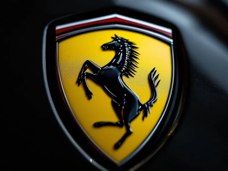 Ferrari logo close-up met zwart paard op gele schild, Italiaanse driekleur bovenaan, dramatische studiobelichting