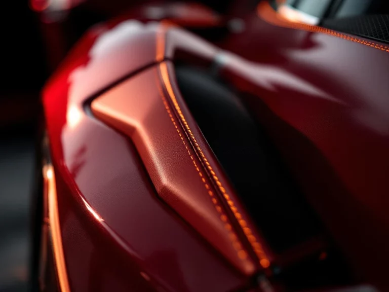 Ferrari close-up met luxe leren stiksel, carbon fiber accenten en metallic lak in bordeaux en goudtinten