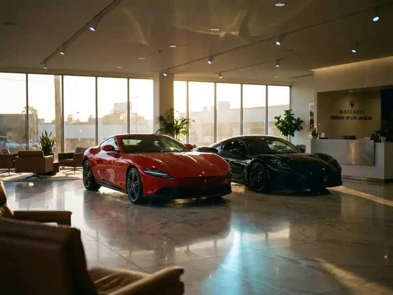 Rode Ferrari en zwarte Maserati geparkeerd naast elkaar in luxe autoshowroom met dramatische verlichting