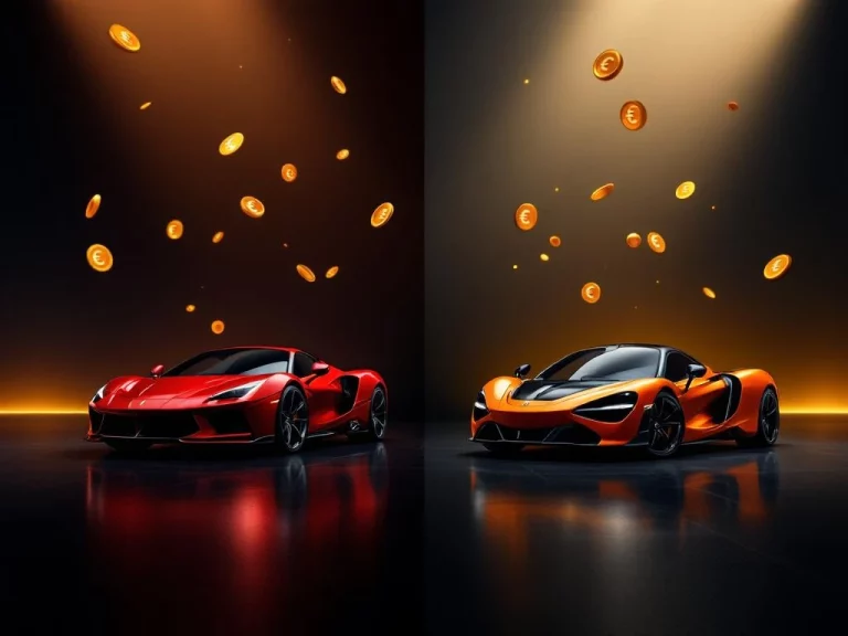 Rode Ferrari en oranje McLaren superauto's in luxe showroom met gouden munten voor kostenvergelijking
