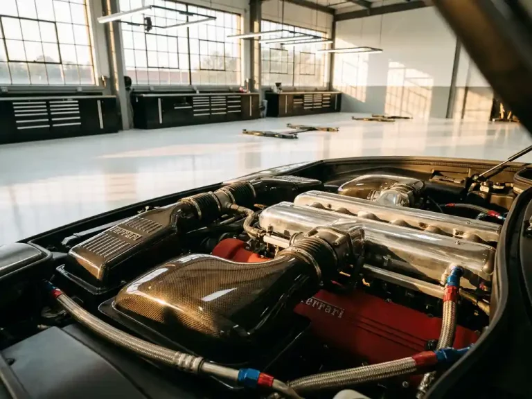 Ferrari motorblok met glanzende koolstofvezel inlaatspruitstukken en gepolijste aluminium onderdelen in luxe werkplaats