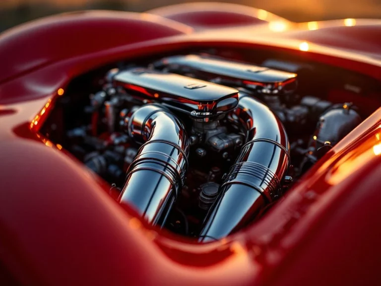 Ferrari motor close-up met glanzende chromen uitlaatspruitstukken en gepolijste inlaatspruitstukken in gouden uurtje licht