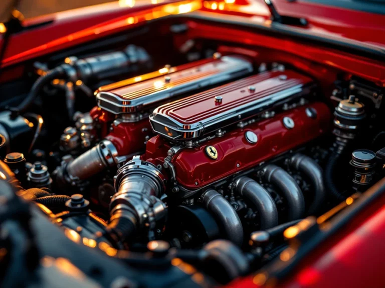 Ferrari motorruimte close-up met rode componenten, chromen luchtinlaten en glanzende mechanische onderdelen