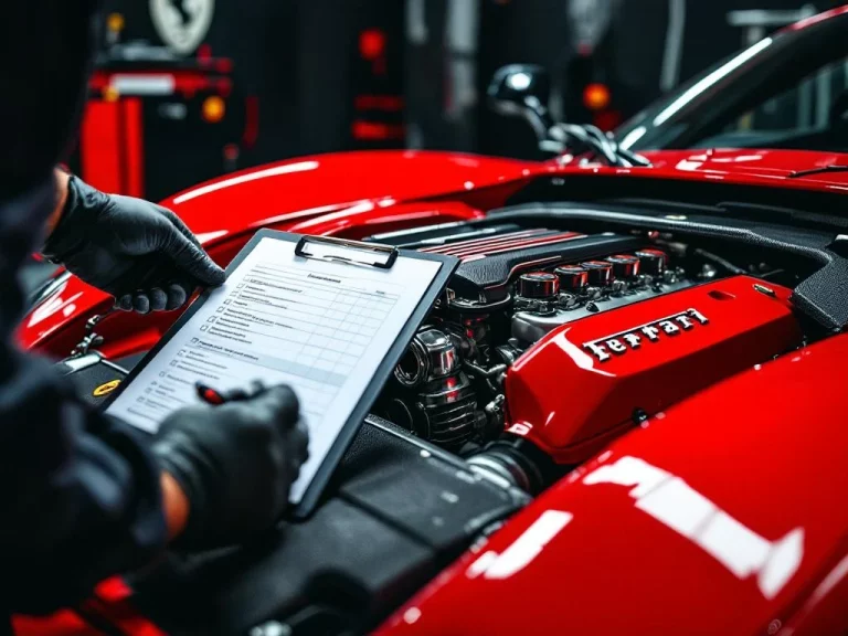 Ferrari motor close-up met monteur die diagnostische tool vasthoudt tijdens professionele inspectie van V8 motor