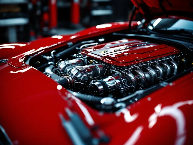 Ferrari motor in close-up tijdens professionele service-inspectie met gereedschap op werkbank