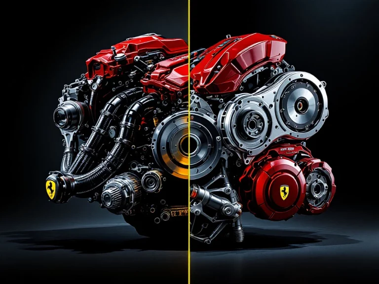 Ferrari motoronderdelen vergeleken met hoogwaardige alternatieven in gedetailleerde split-screen compositie