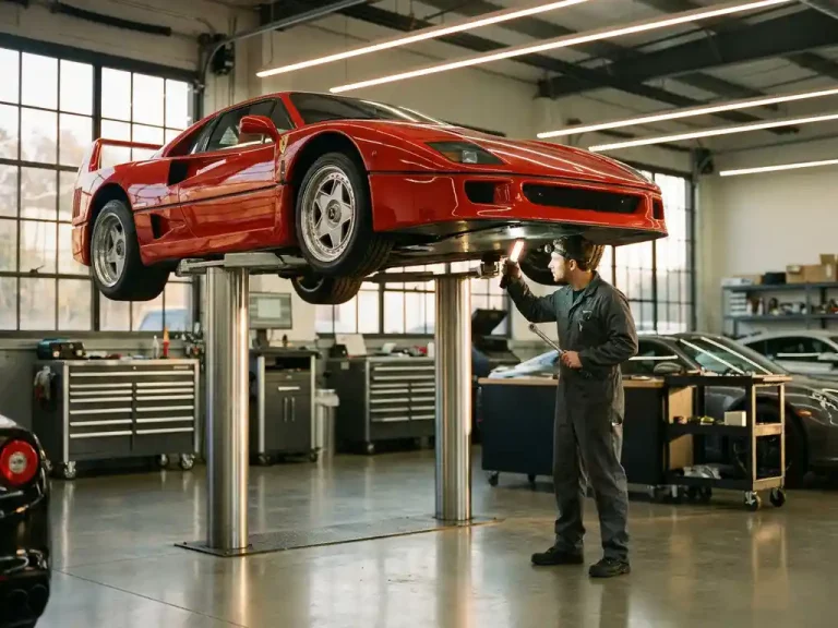 Rode Ferrari sportwagen op hydraulische lift terwijl monteur onderstel inspecteert in luxe garage werkplaats