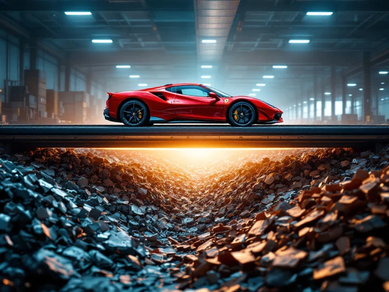 Rode Ferrari sportwagen boven recyclingfaciliteit met transportbanden en gescheiden materialen zoals aluminium en carbon