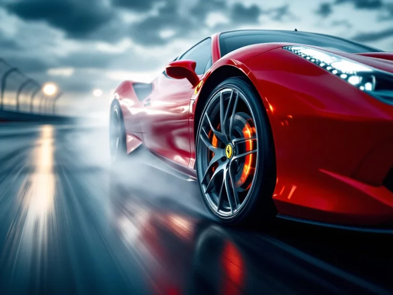 Rode Ferrari sportwagen remt hard op racecircuit met gloeiende remschijven en rookwolken