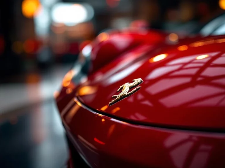 Ferrari rode metallic lak close-up met gouden prancing horse embleem in luxe showroom met dramatische studiobelichting