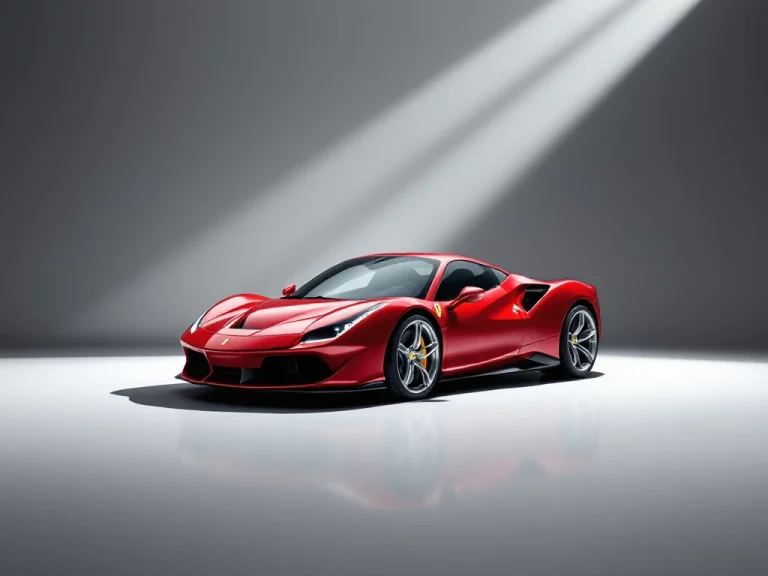 Rode Ferrari sportwagen in driekwart hoek op witte ondergrond met dramatische verlichting en grijze achtergrond