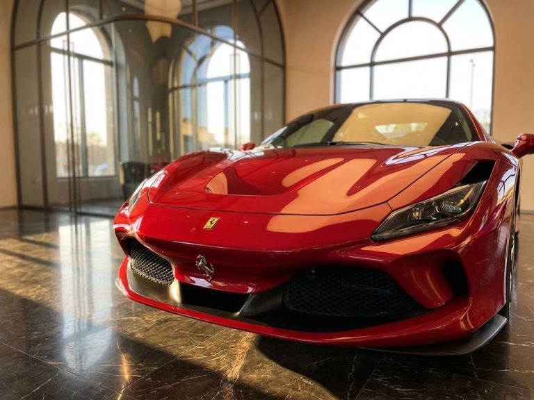 Rode Ferrari sportwagen close-up met prancing horse logo in luxe showroom met dramatische verlichting