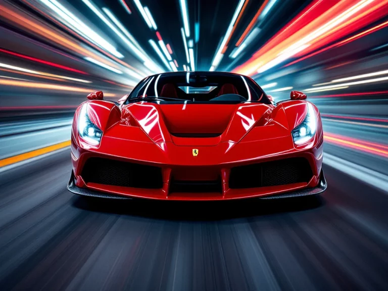 Rode Ferrari vooraanzicht in beweging met motion blur, dramatische verlichting toont aerodynamische details en koolstofvezel