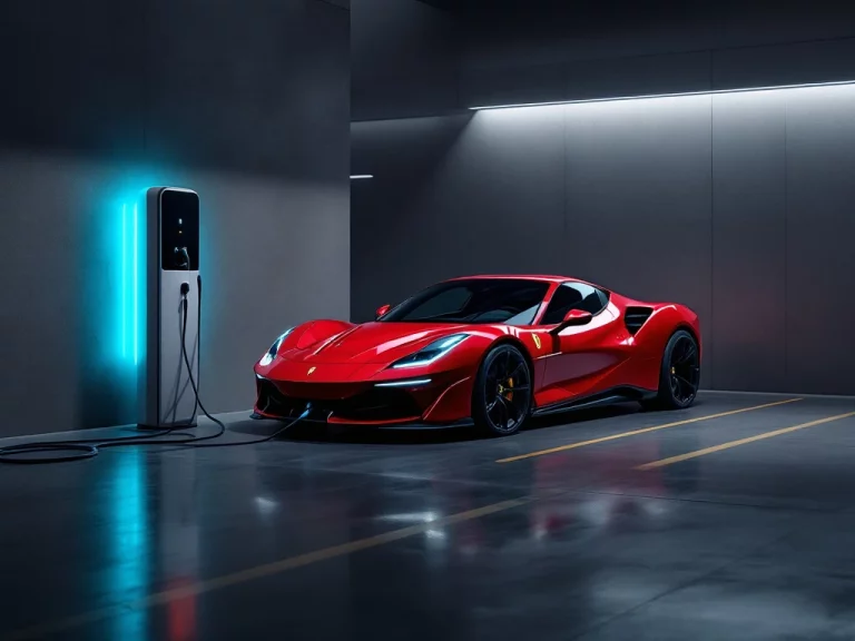 Rode Ferrari SF90 Stradale wordt opgeladen bij moderne laadpaal in luxe garage met blauwe elektrische effecten