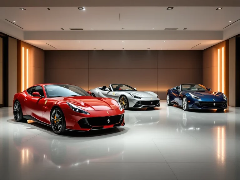Drie Ferrari sportwagens in luxe showroom: rode Portofino, zilveren Roma en blauwe California T op witte vloer