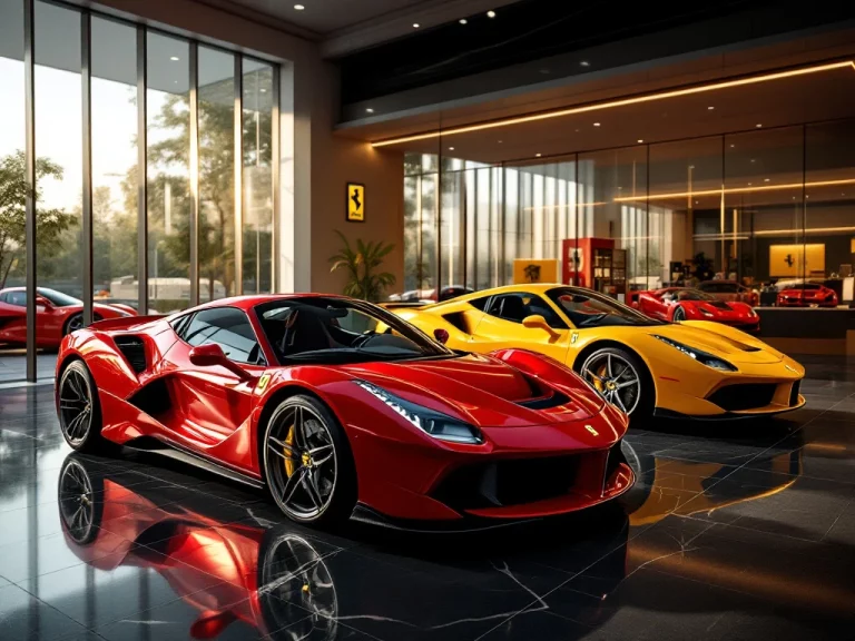 Luxe Ferrari-showroom met rode en gele sportwagens op marmeren vloeren onder LED-verlichting in glazen ruimte