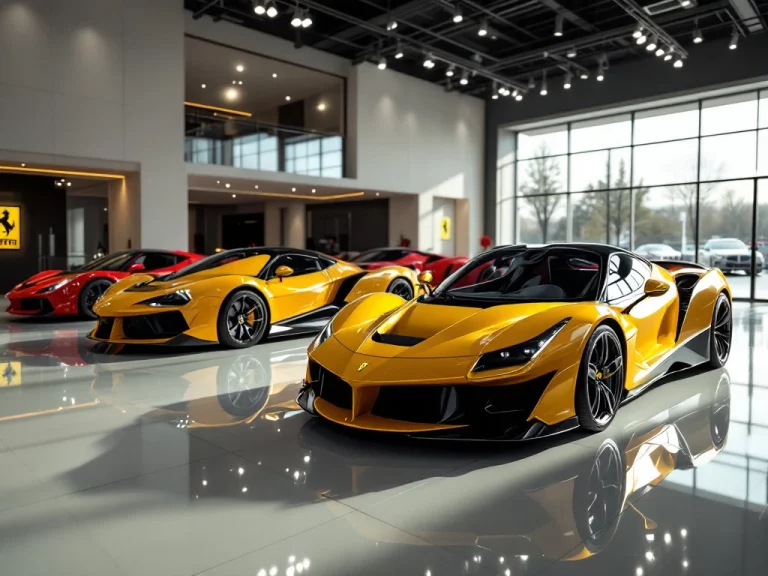Ferrari showroom met rode, gele en zwarte sportwagens onder dramatische verlichting op glanzende witte vloer