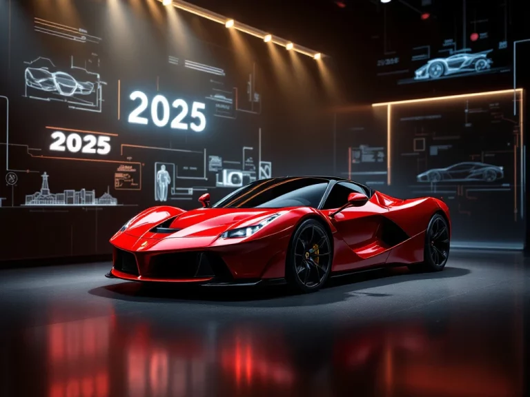 Rode Ferrari sportwagen in driekwart hoek met 2025 holografische projecties en dramatische studiobelichting