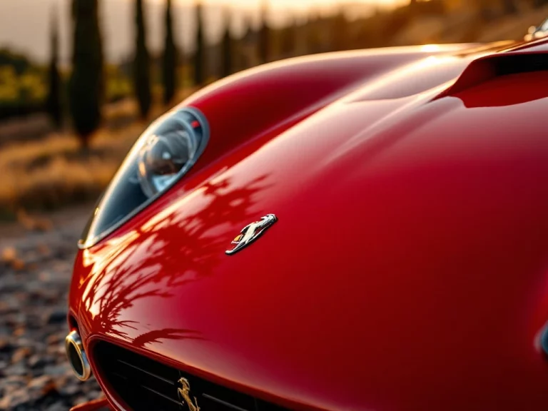 Rode Ferrari sportwagen close-up met paard embleem op motorkap, Italiaans landschap op achtergrond