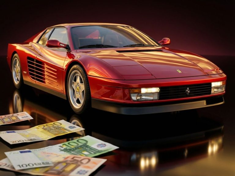 Rode Ferrari sportwagen in close-up met Nederlandse eurobiljetten op voorgrond, luxe studio verlichting