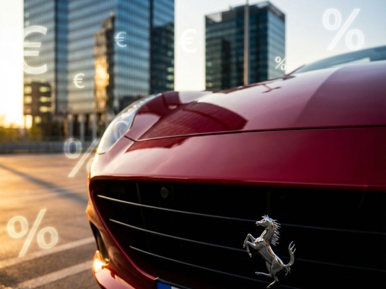 Rode Ferrari sportwagen met paardembleem in close-up, gouden zonlicht op gepolijste carrosserie, kantoorgebouwen op achtergrond